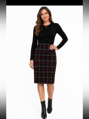 Le Château Plaid Pencil Skirt Burgundy Black Tartan